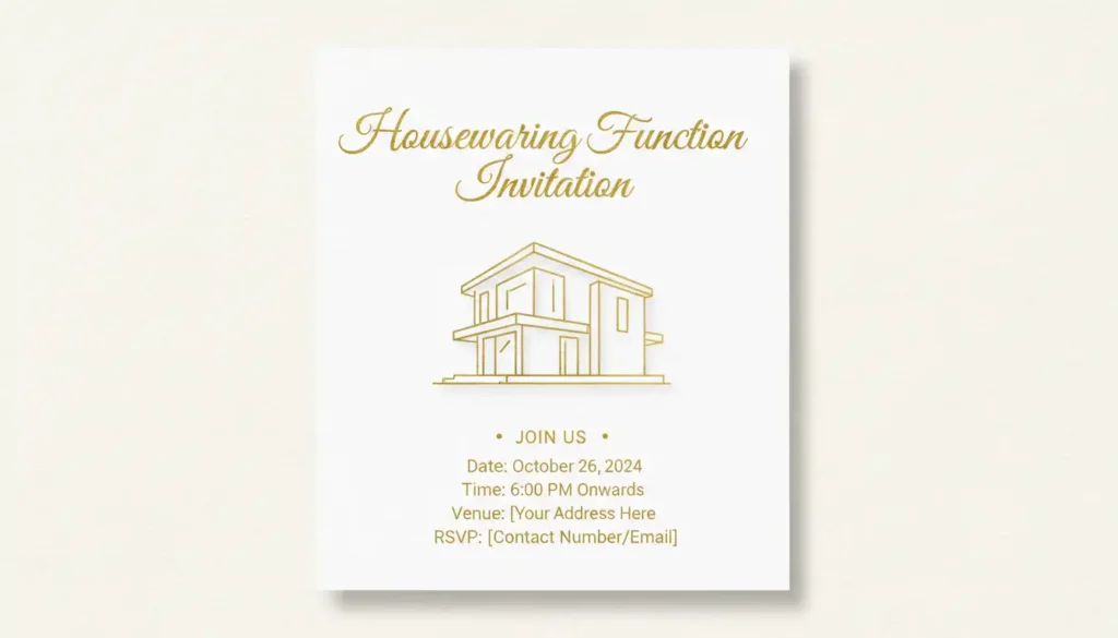 Minimal white and gold housewarming function invitation card with modern house line art design.