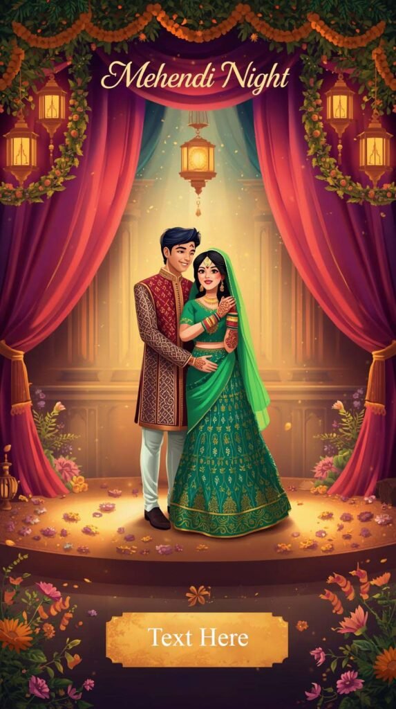 Mehendi Night Digital Invitation with Indian Couple Illustration