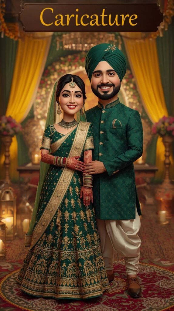 Punjabi Wedding Caricature Invitation in Green and Gold Theme