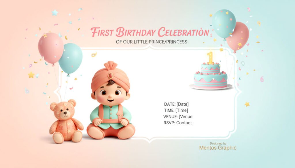 cute 1st birthday invitation card design with baby cartoon character, pastel balloons and cake, designed by Mentos Graphic