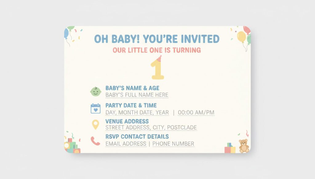 Blank 1st birthday invitation card template showing baby’s name and age, party date and time, venue address, and RSVP contact details.