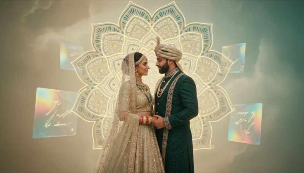 Luxury Indian wedding invitation video cover featuring an elegant bride and groom in royal traditional attire, standing together against a glowing mandala backdrop with modern holographic elements, symbolizing 2026 wedding invitation video trends.