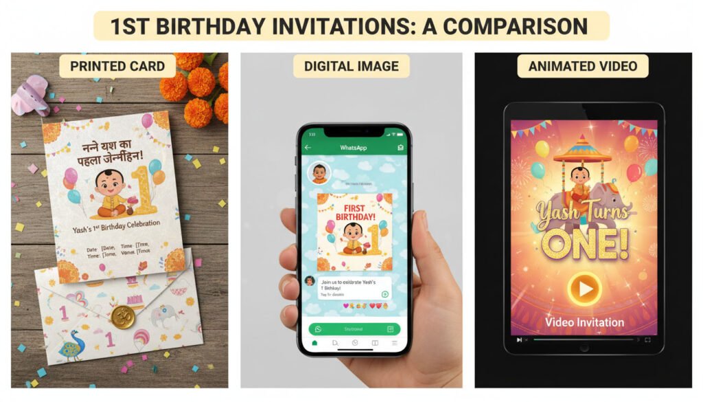 Printed, digital WhatsApp, and animated video 1st birthday invitation card comparison image.