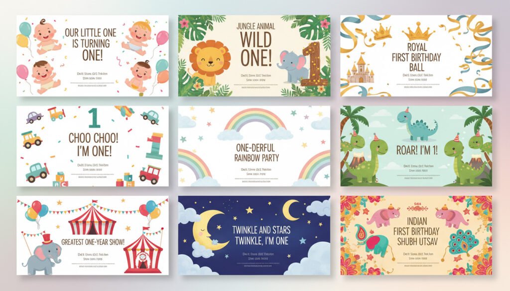 Popular 1st birthday invitation card themes collage including cartoon, jungle, royal, vehicle, rainbow, dinosaur, circus, moon and stars, and Indian traditional designs.