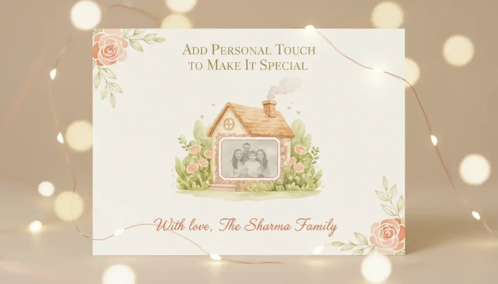 Pastel housewarming invitation card with watercolor home illustration, family photo frame, floral corners, and soft fairy lights background.