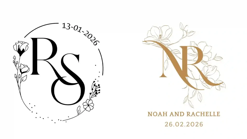 Elegant floral wedding monogram logo with initials RS and NR for modern wedding invitations