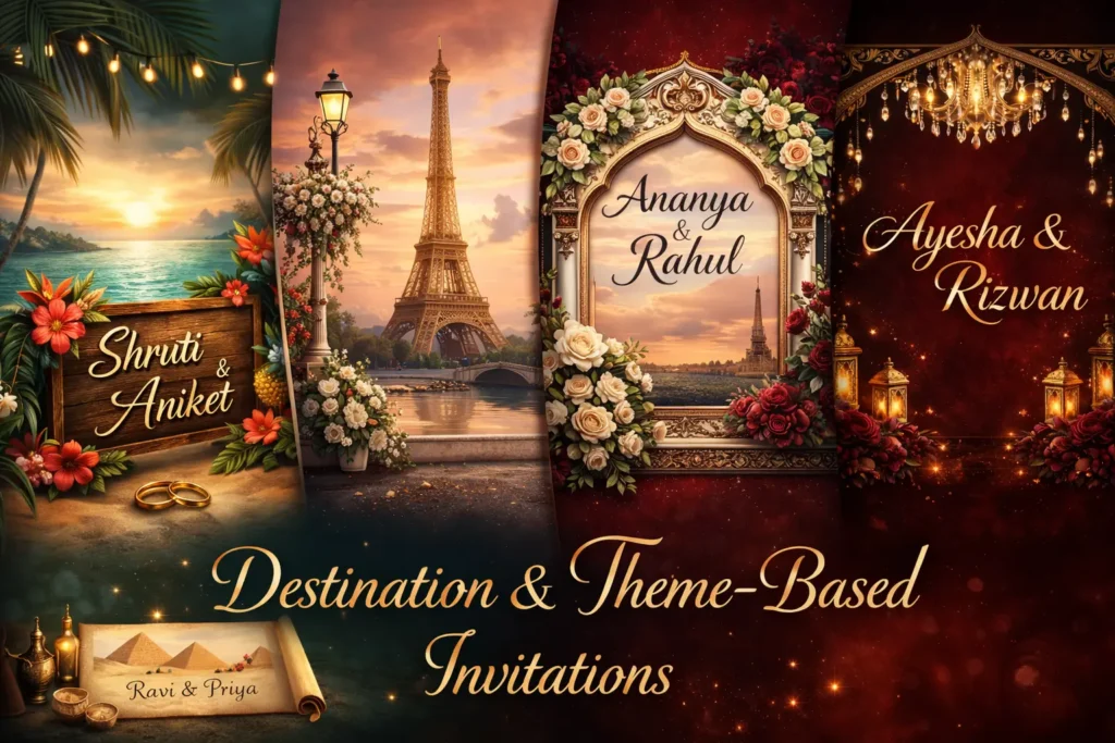 Luxury destination and theme-based wedding invitation designs featuring beach sunset, Eiffel Tower Paris theme, royal floral frame, and elegant red-gold Muslim wedding style.