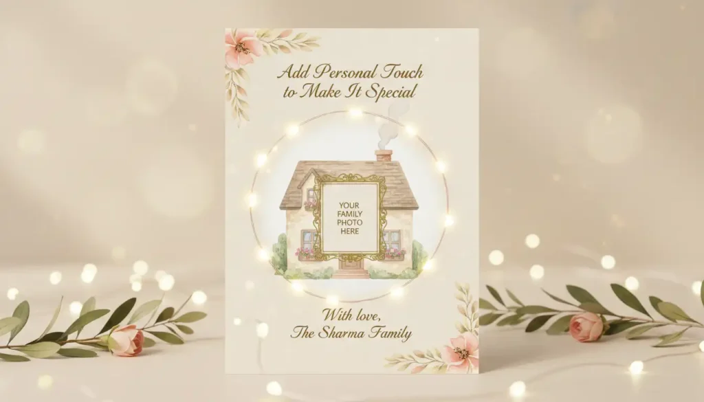 Warm pastel housewarming invitation card with cozy home illustration, fairy lights circle, and family photo frame placeholder.