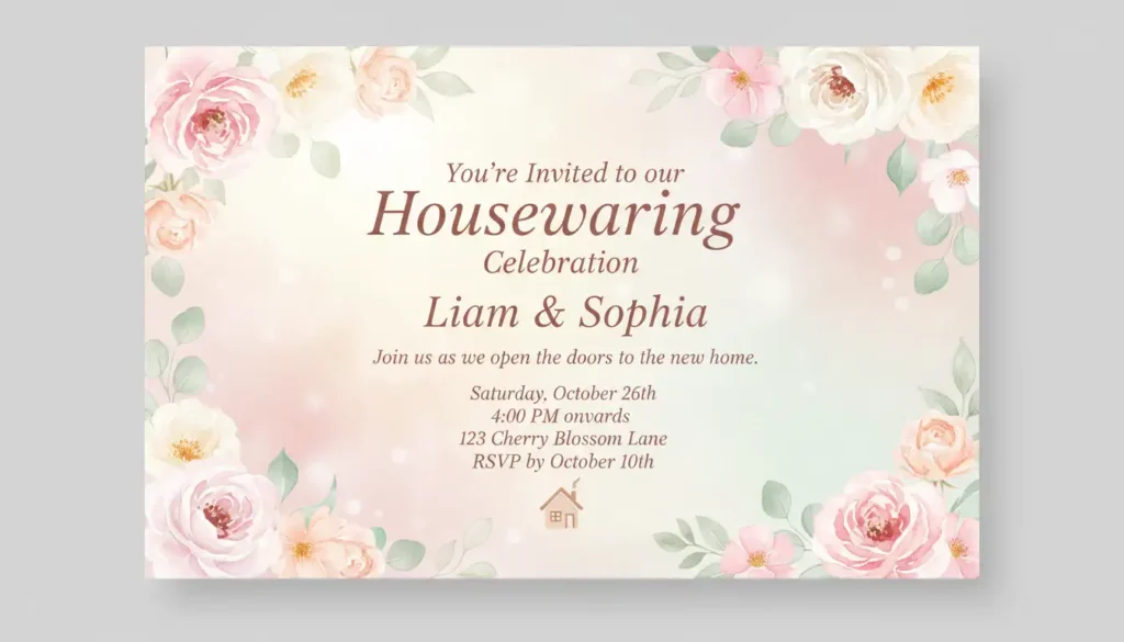 Pastel floral housewarming celebration invitation card with soft pink flowers and elegant typography.