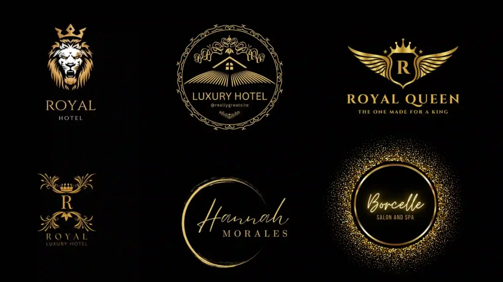 Luxury gold logo collection on black background featuring royal hotel, salon, spa, and premium brand monogram designs