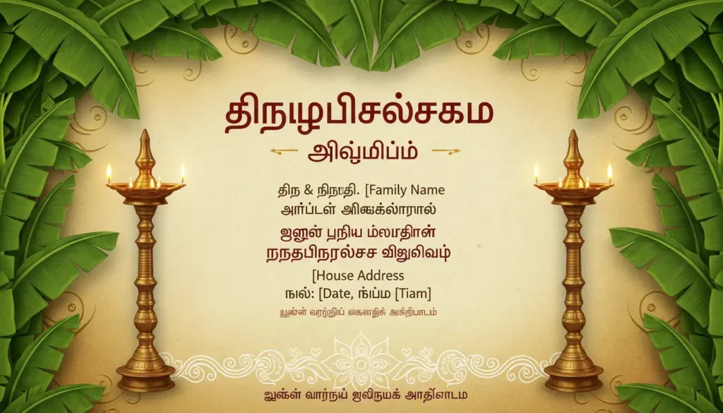 Tamil housewarming invitation card with banana leaves border and traditional brass lamps on both sides.