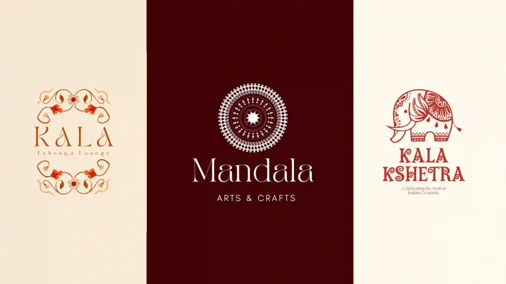 Traditional Indian art logo designs featuring mandala, ethnic motifs, and cultural branding on elegant backgrounds