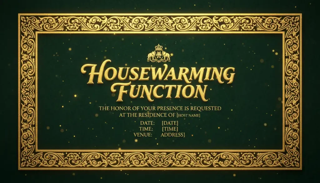 Luxury green and gold Housewarming Function invitation card with ornate golden frame and elegant typography.