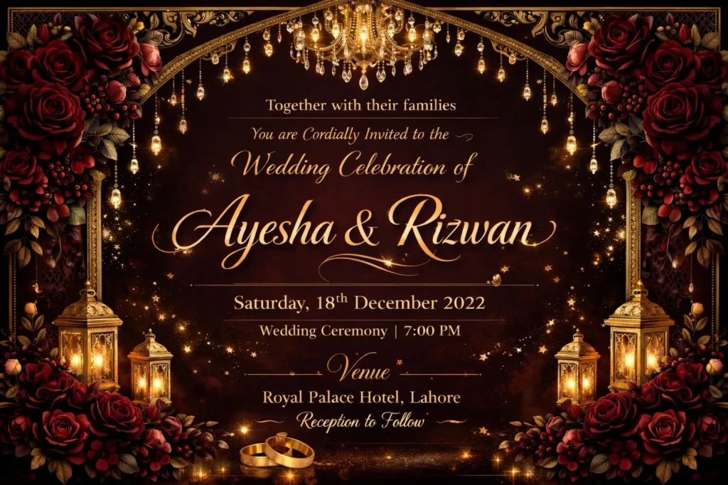 Elegant red and gold Muslim wedding invitation card with chandelier, lanterns, roses, and royal floral border design.