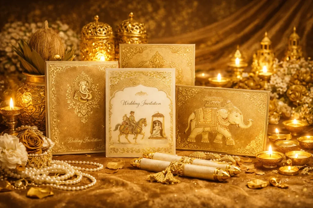 Luxury gold Indian wedding invitation cards displayed with royal elephant and Lord Ganesha artwork, surrounded by candles, diyas, pearls, floral decor, and traditional golden wedding elements in a rich festive setup.