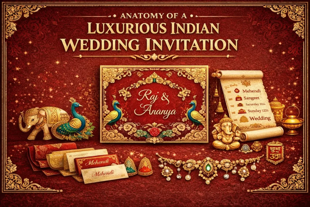 Red and gold luxury Indian wedding invitation infographic with ornate peacocks, traditional motifs, and elegant royal detailing.