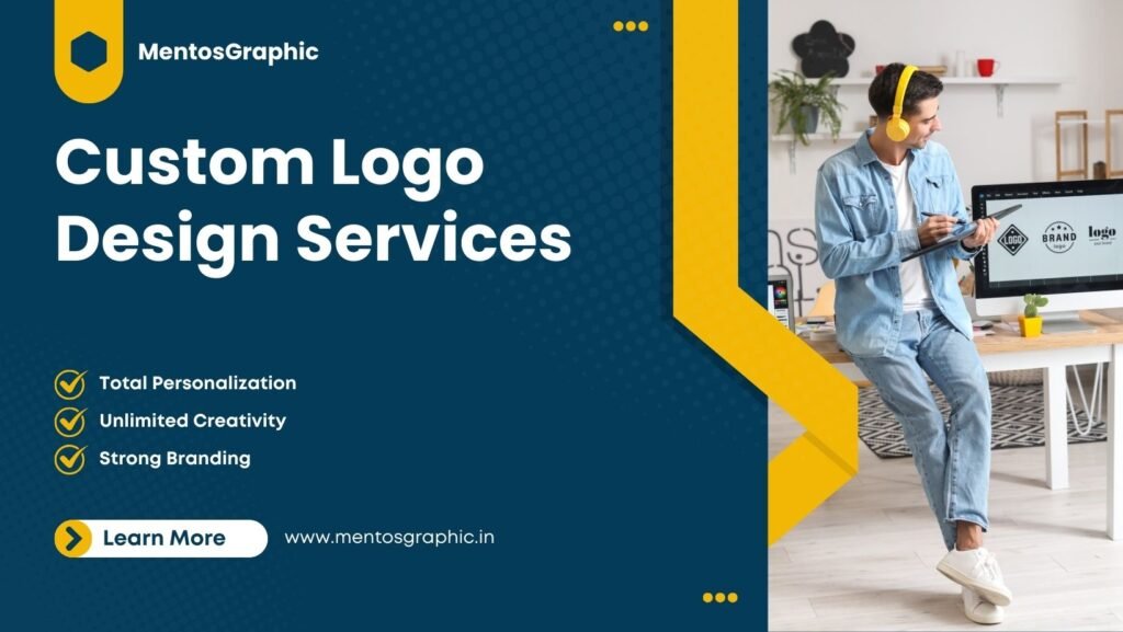 Professional graphic designer creating custom logo designs on computer screen for business branding, modern logo design services by Mentos Graphic studio.