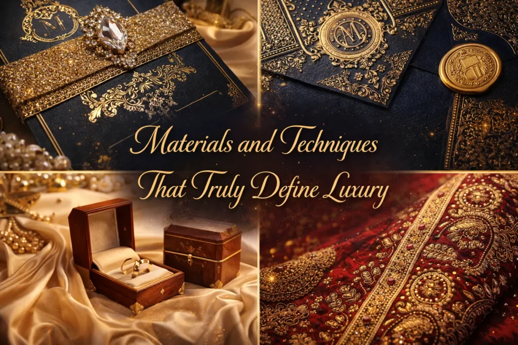 Luxury wedding invitation materials featuring gold foil detailing, embossed navy card, velvet fabric, wax seal, and premium ring box setup.