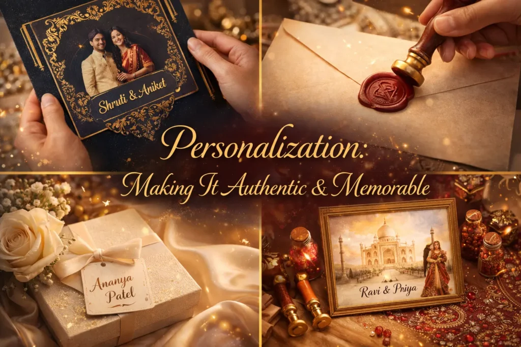 Personalized luxury wedding invitation design featuring custom photo card, wax seal envelope, name tag box, and destination theme artwork.