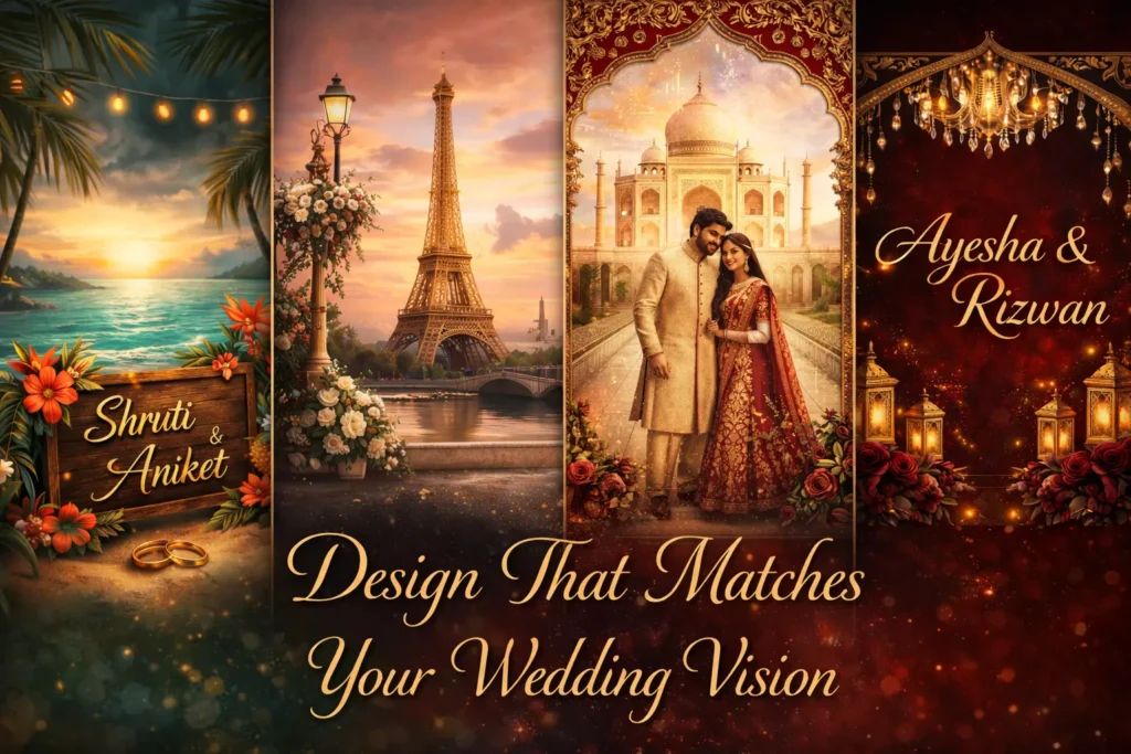 Destination and theme-based wedding invitation designs featuring beach sunset, Eiffel Tower Paris theme, Taj Mahal backdrop, and elegant red-gold royal wedding style.