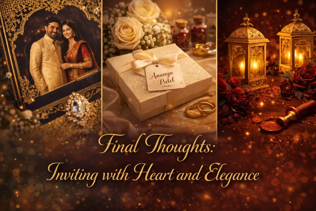 Elegant personalized wedding invitation setup with couple photo card, luxury gift box, gold rings, lanterns, roses, and wax seal detailing.